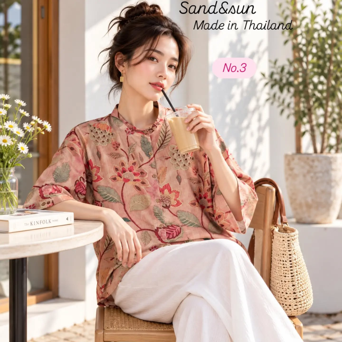 เสื้อ Linen silk ลายดอกไม้โทนชมพูอ่อน คอจีน แขนสามส่วน