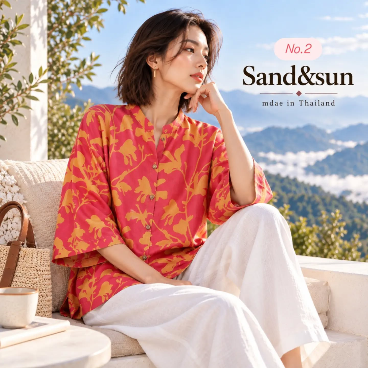เสื้อ Linen silk ลายดอกไม้สีชมพูส้ม คอจีน แขนสามส่วน
