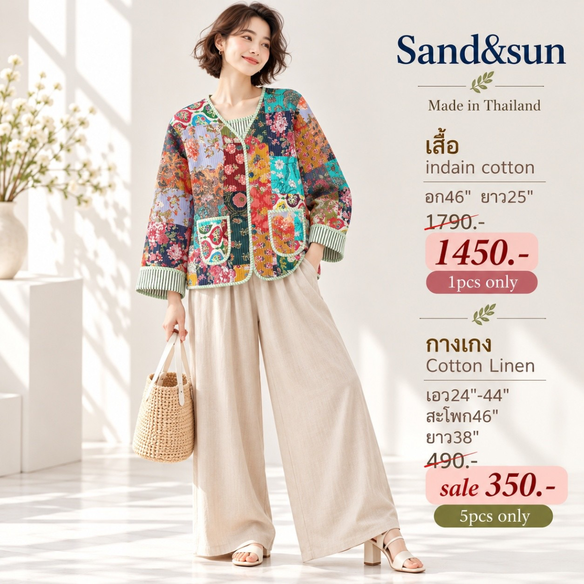 เสื้อแจ็กเก็ตลายดอกไม้หลากสี กุ๊นเขียว ปลายแขนพับลายริ้ว