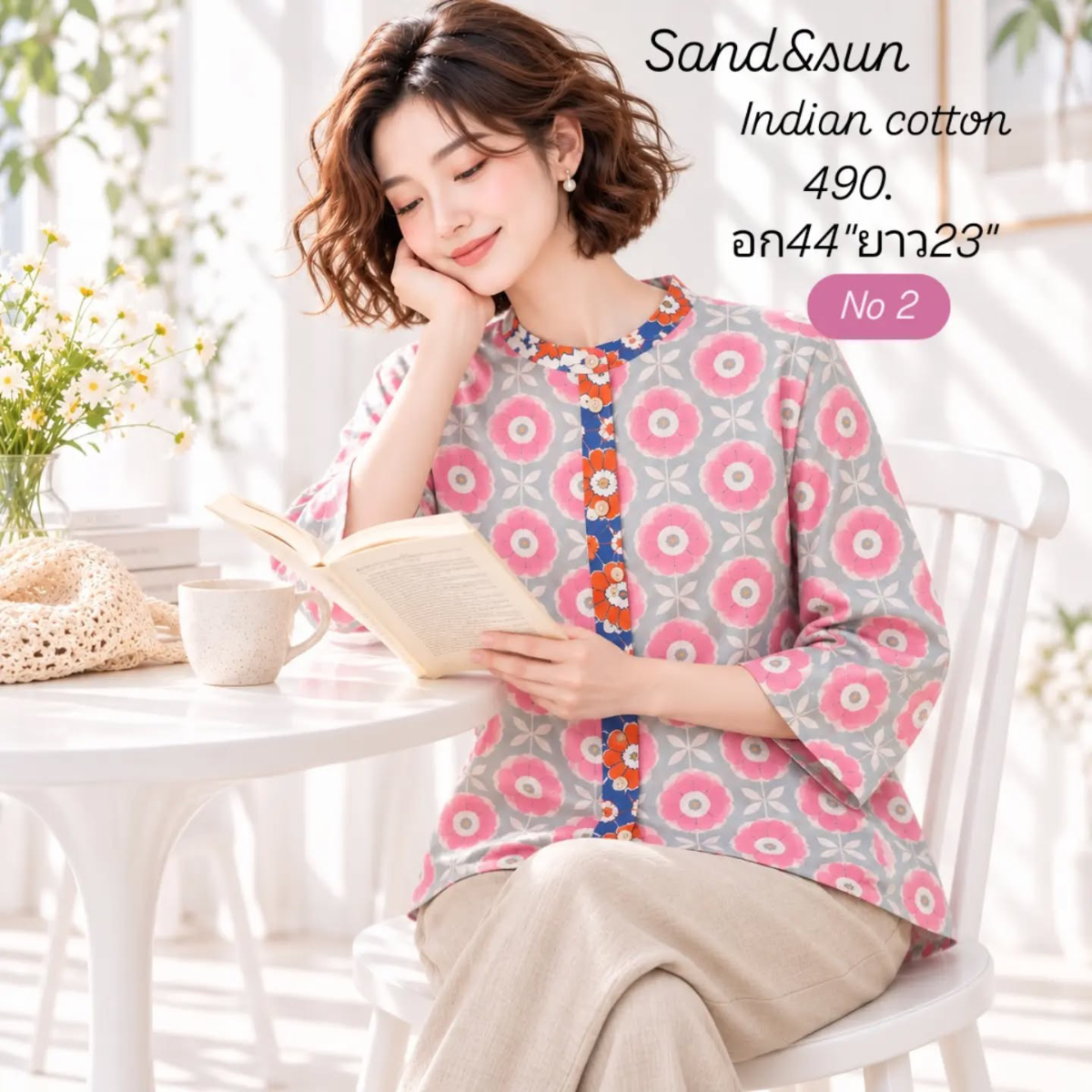 เสื้อคอจีนพื้นเทาลายดอกชมพู แต่งคอและสาบลายดอกสีส้มพื้นน้ำเงิน แขนสามส่วน
