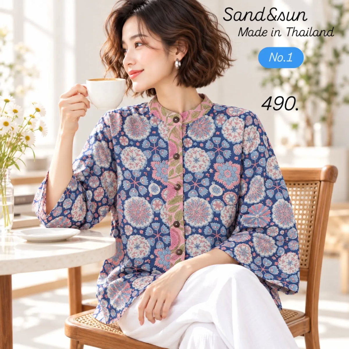เสื้อคอจีนพื้นน้ำเงินลายดอกสีฟ้าและชมพู แต่งคอและสาบสีชมพูลายใบไม้ แขนสามส่วน